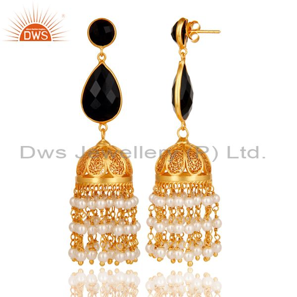 Exporter Black Onyx & Pearl Traditional Jhumka Earring 18K Gold Plated Sterling Silver