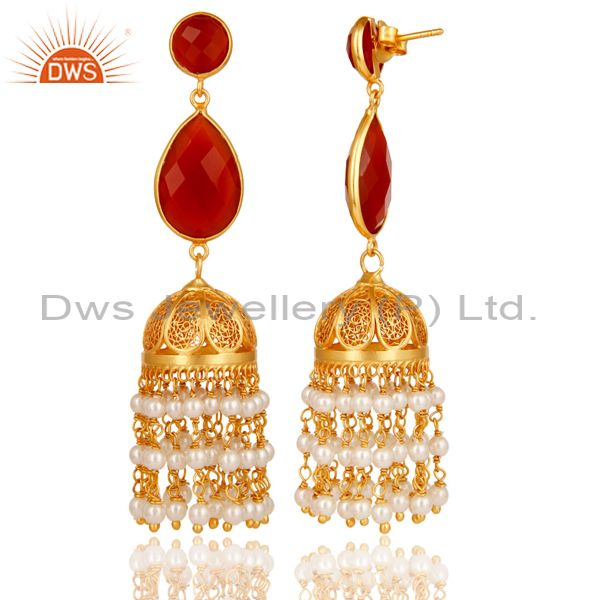 Exporter Red Onyx & Pearl Traditional Jhumka Earring 18K Gold Plated Sterling Silver