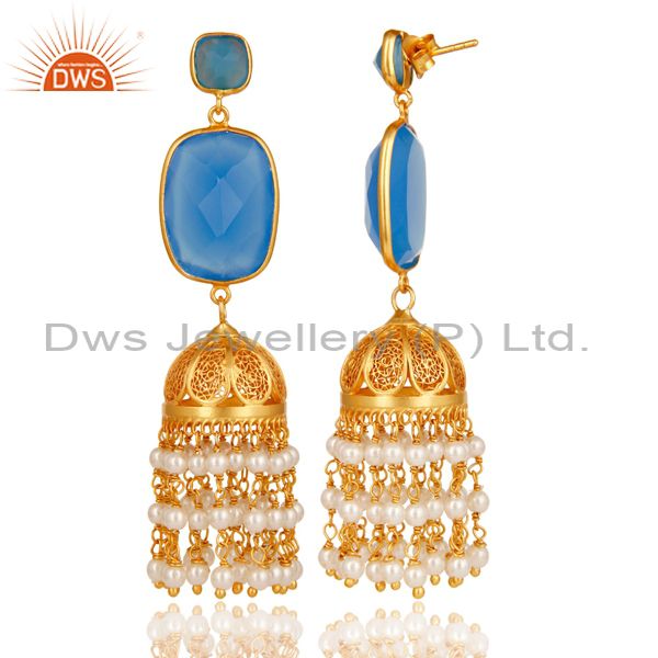 Exporter Chalcedony & Pearl Traditional Jhumka Earring 18K Gold Plated Sterling Silver