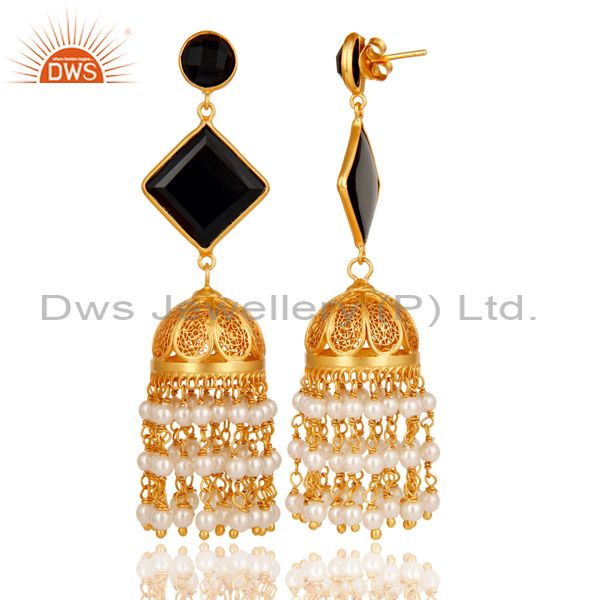 Exporter Pearl & Black Onyx Traditional Jhumka Earring 18K Gold Plated 925Sterling Silver