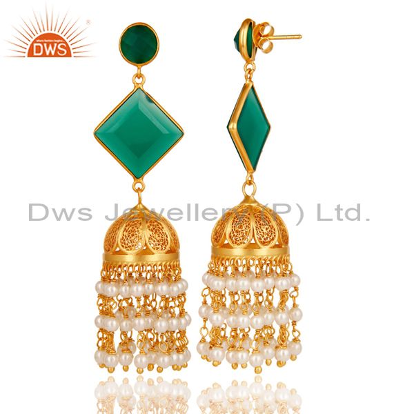Exporter Pearl & Green Onyx Traditional Jhumka Earring 18K Gold Plated 925Sterling Silver