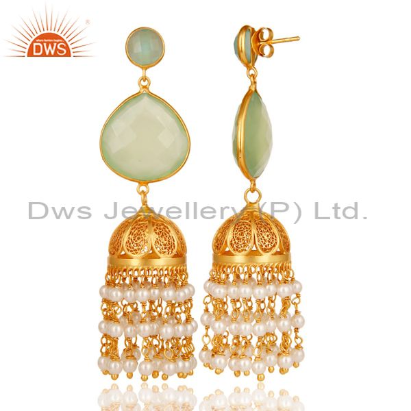 Exporter Aqua, Pearl & Chalcedony Jhumka Earring 18K Gold Plated 925 Sterling Silver