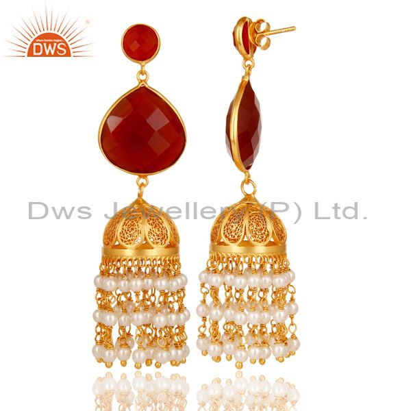 Exporter Pearl & Red Onyx Traditional Jhumka Earring 18K Gold Plated 925 Sterling Silver