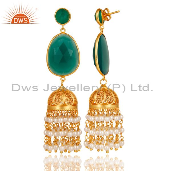 Exporter Pearl Bead & Onyx Traditional Jhumka Earring 18K Gold Plated 925 Sterling Silver