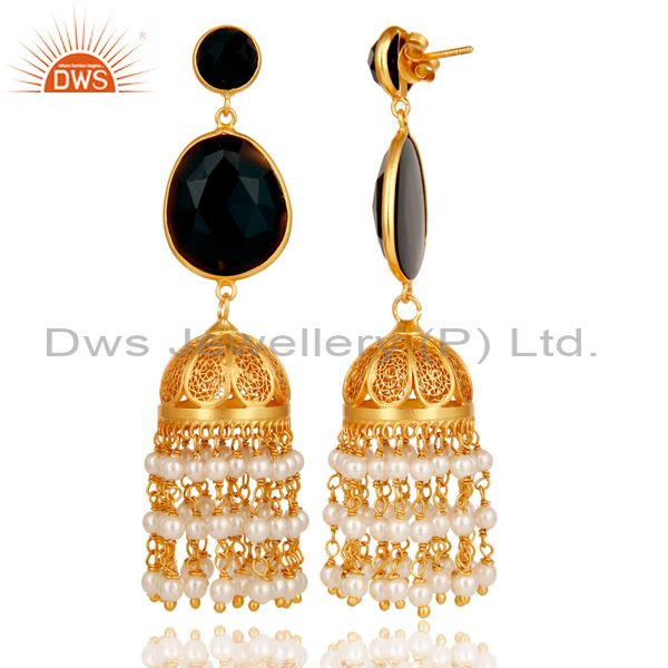 Exporter Traditional Jhumka Earring 18K Gold Plated 925 Sterling Silver with Onyx & Beads