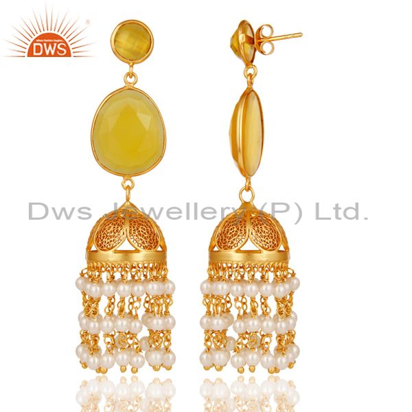 Exporter 18k Yellow Gold Plated Sterling Silver Chalcedony & Pearl Jhumka Earrings