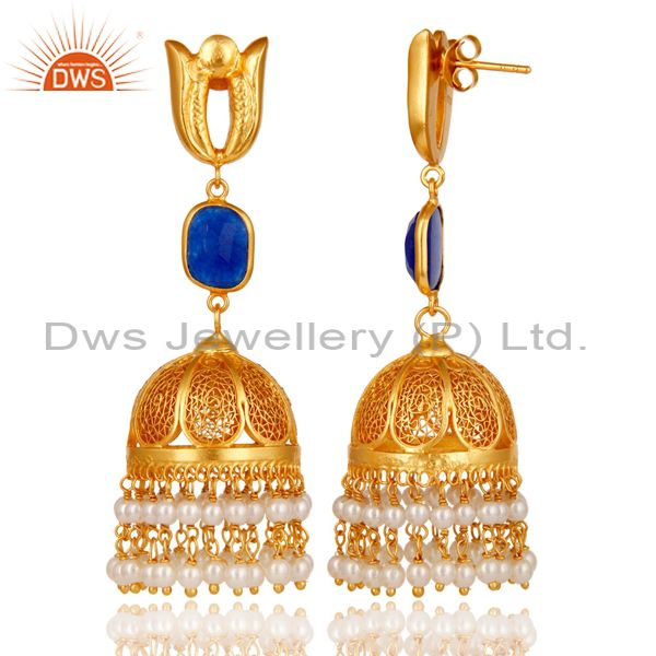 Exporter 18K Gold Plated Jhumka Earrings with 925 Sterling Silver & Aventurine