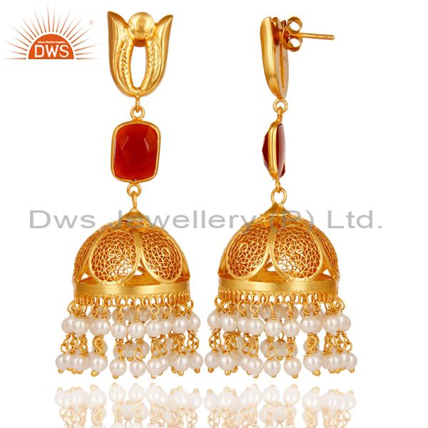 Exporter Onyx & Pearl 18K Gold Plated Jhumka Earrings 925 Sterling Silver