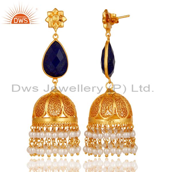 Exporter Lapis & Pearl 18K Gold Plated Jhumka Earrings 925 Sterling Silver
