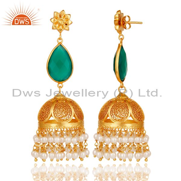 Exporter Green Onyx & Pearl Jhumka Earrings with 18k Gold Plated Sterling Silver