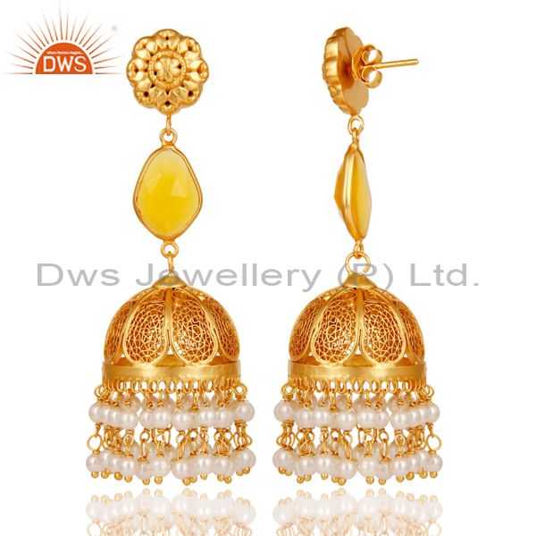 Exporter Chalcedony & Pearl Jhumka Earrings with 18k Gold Plated Sterling Silver