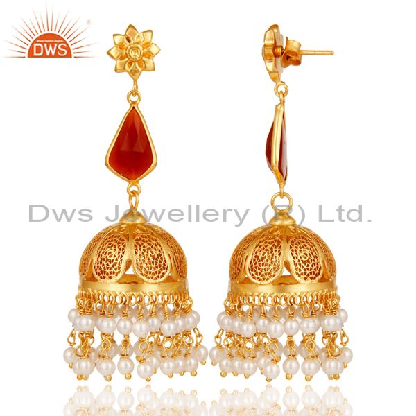Exporter Red Onyx & Pearl Jhumka Earrings with 18k Gold Plated Sterling Silver
