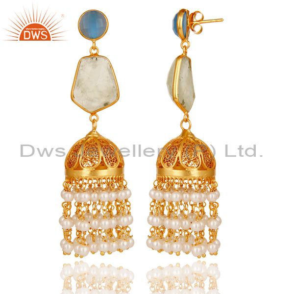 Exporter Chalcedony, Peal & Onyx Jhumka Earrings with 18k Gold Plated Sterling Silver