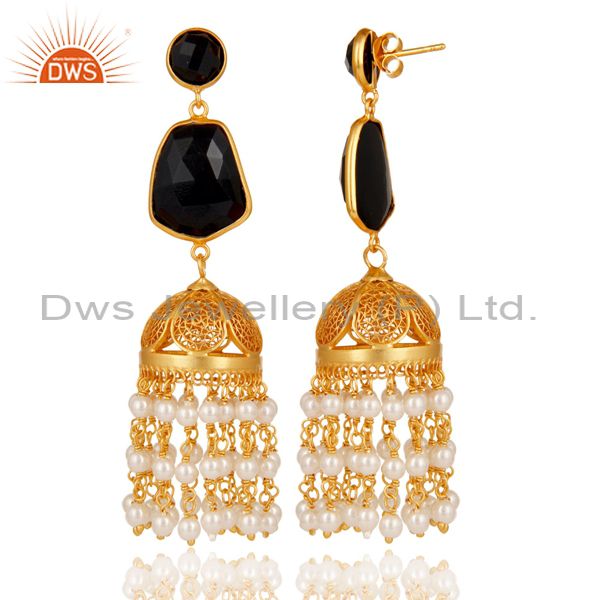 Exporter 18k Gold Plated 925 Sterling Silver Jhumka Earrings with Onyx and Pearl