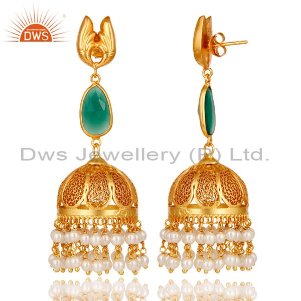 Exporter 18k Gold Plated Sterling Silver Jhumka Earrings with Onyx and Pearl