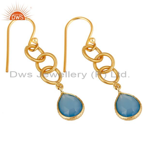 Exporter Handmade Chalcedony Bazel Set Drops Earring With 18k Gold Plated Sterling Silver