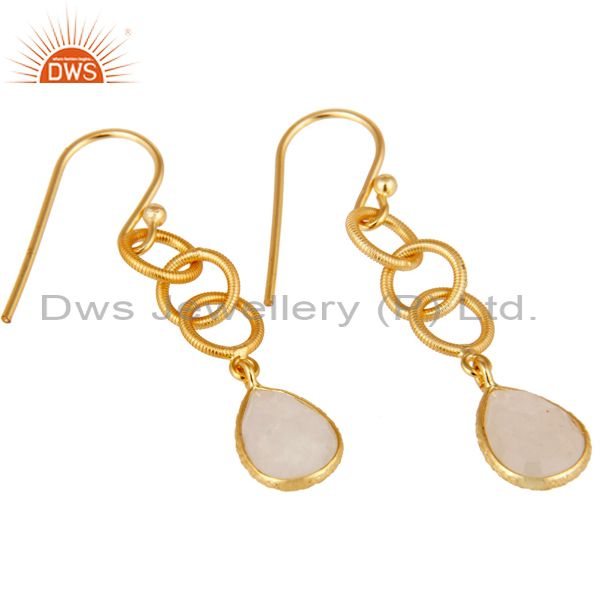 Exporter Rainbow Moonstone Bazel Set Drop Earring With 18k Gold Plated Sterling Silver