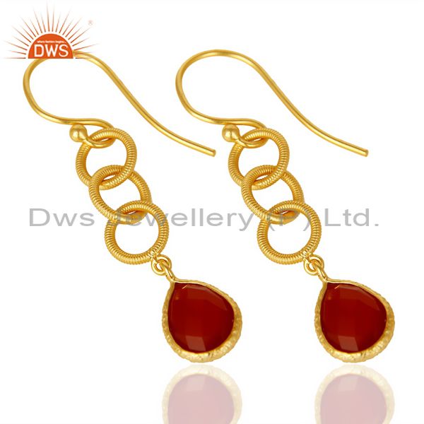 Exporter Red Onyx Twisted Wire Circle 14K Gold Plated 92.5 Sterling Silver Earring