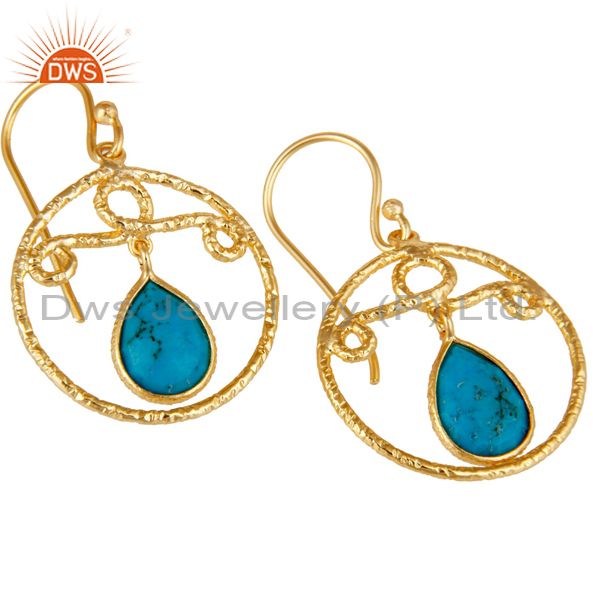 Exporter 22k Gold Plated 925 Sterling Silver Bezel Set Natural Turquoise Drops Earrings