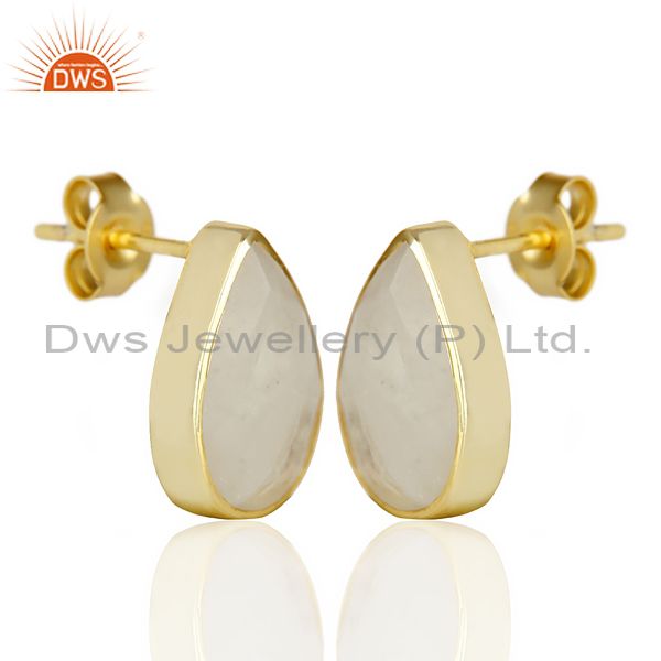 Exporter Natural Rainbow Moon Stone Pear Shape Flat Back Gold Plated Stud Earring