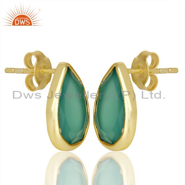 Exporter Green Onyx Pear Shape Flat Back Stud 14K Gold Plated 92.5 Silver Earring