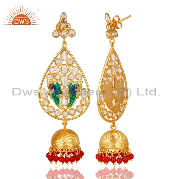 Exporter 18K Gold Plated 925 Sterling Silver White Zircon & Red Coral Jhumka Earrings