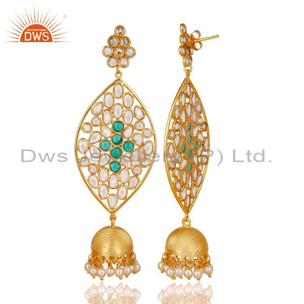 Exporter 14K Gold Plated 925 Sterling Silve Pearl Beads, CZ & Green Glass Jhumka Earring