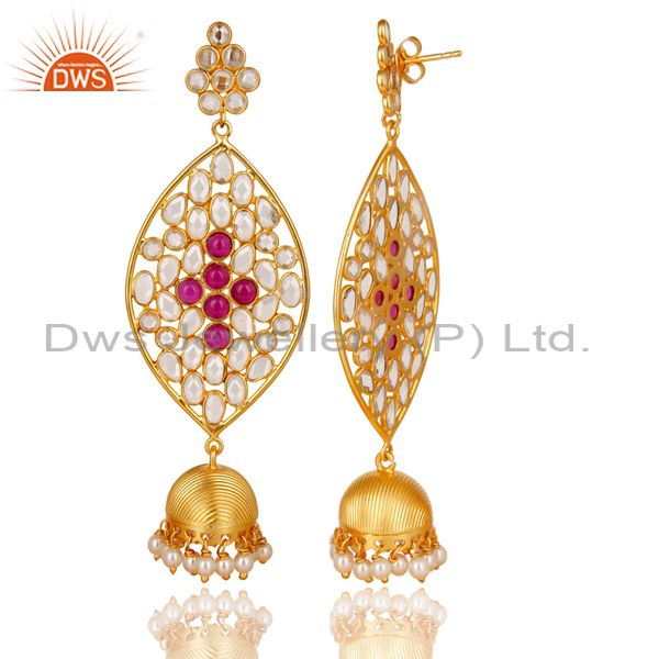 Exporter 14K Gold Plated Sterling Silver White Zircon, Pearl & Red Glass Jhumka Earrings