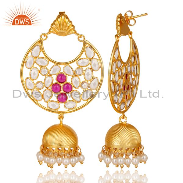 Exporter 18K Gold Plated Sterling Silver White Zircon, Pearl & Red Glass Jhumka Earrings