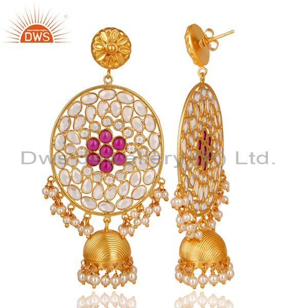 Exporter CZ, Pearl Beads & Red Glass Jhumka Earrings Made In 18K Gold Plated 925 Silver