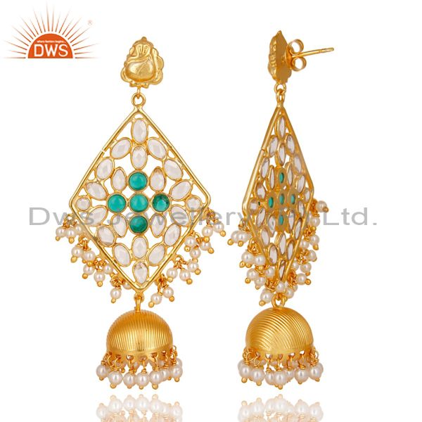 Exporter CZ, Pearl Beads & Green Glass Jhumka Earring Made In 18K Gold Plated 925 Silver