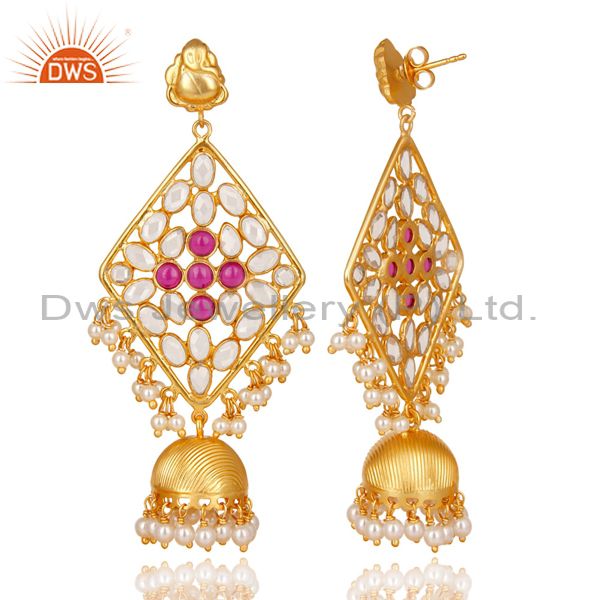 Exporter 18K Gold Plated 925 Sterling Silver Pearl Beads, Red Glass & CZ Jhumka Earrings