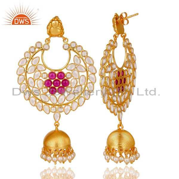 Exporter 18K Gold Plated 925 Sterling Silver Pearl, Red Glass & CZ Jhumka Earrings