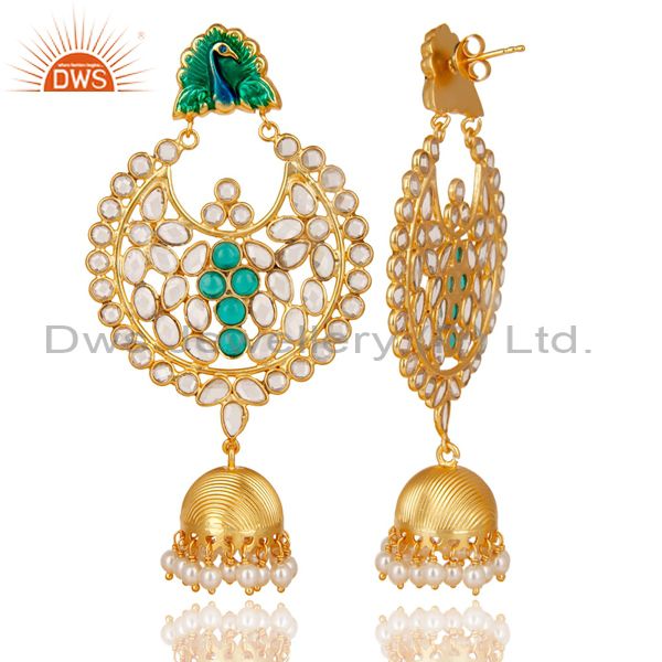 Exporter 14K Gold Plated 925 Sterling Silver Pearl, CZ & Green Glass Jhumka Earrings