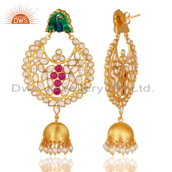 Exporter 18K Gold Plated Sterling Silver Pearl Beads, Red Glass & CZ Jhumka Earrings