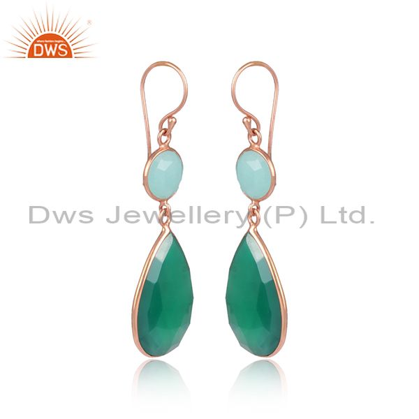 Exporter Green Gemstone Rose Gold Plated 925 Silver Dangle Earrings Suppliers