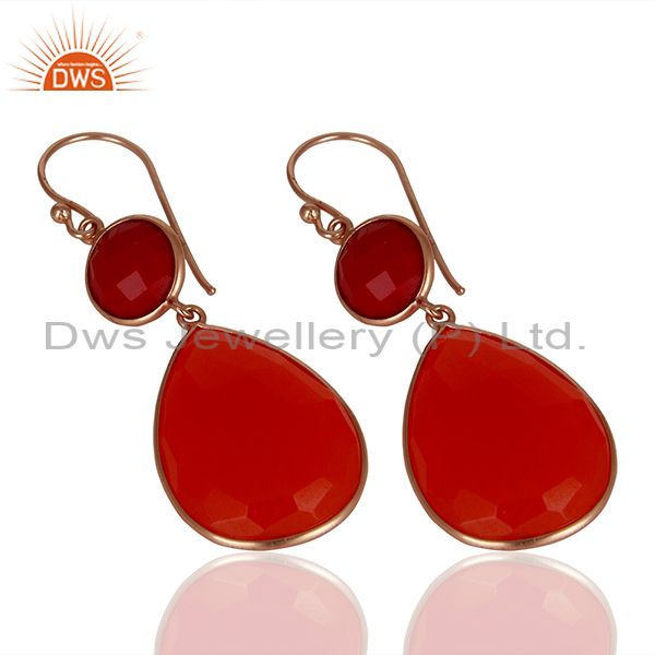 Exporter Red Gemstone Rose Gold Plated Dangle Earrings Jewelry Manufacturer