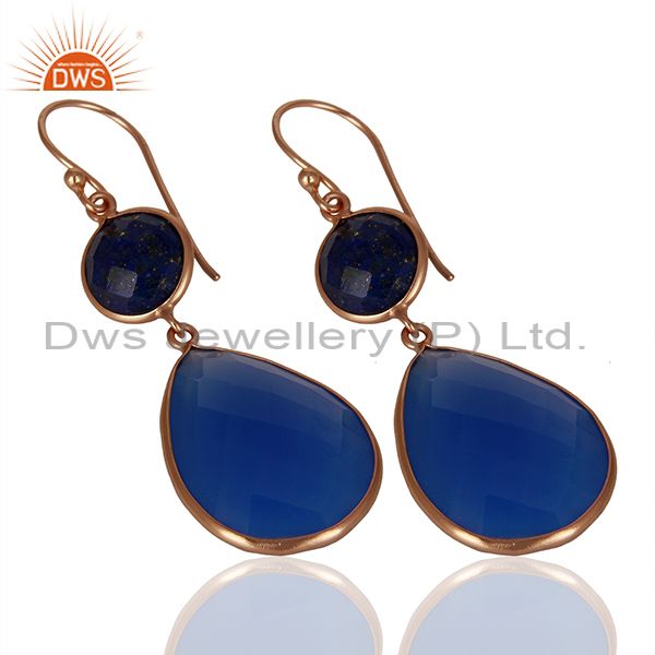 Exporter Rose Gold Plated 925 Silver Blue Gemstone Dangle Earrings Manufacturer