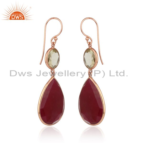 Dyed ruby lemon topaz rose gold plated silver dangle drop earring