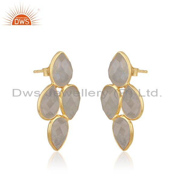 Exporter Rainbow Moonstone Gold Plated Sterling Silver Stud Earring Manufacturer Jaipur