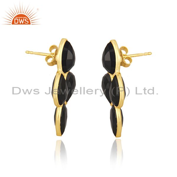 Exporter Black Onyx Gemstone Yellow Gold Plated 925 Silver Stud Earring Manufacturer