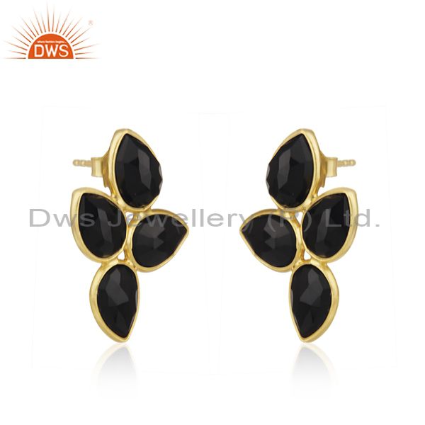 Exporter Natural Black Onyx Gold Plated Silver Gemstone Earrings Jewelry