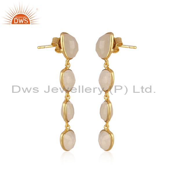 Exporter Natural Rainbow Moonstone Gold Plated 92.5 Silver Dangle Earrings Supplier INdia