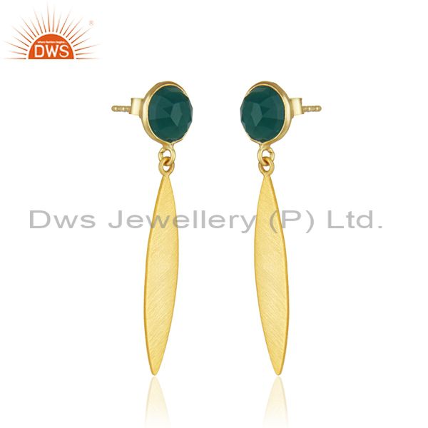 Exporter Yellow Gold Plated Silver Green Onyx Gemstone Earrings Jewelry