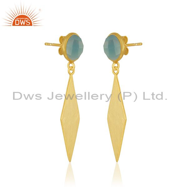 Exporter Aqua Chalcedony Gemstone Handmade Gold Plated Silver Earring Manufacturer