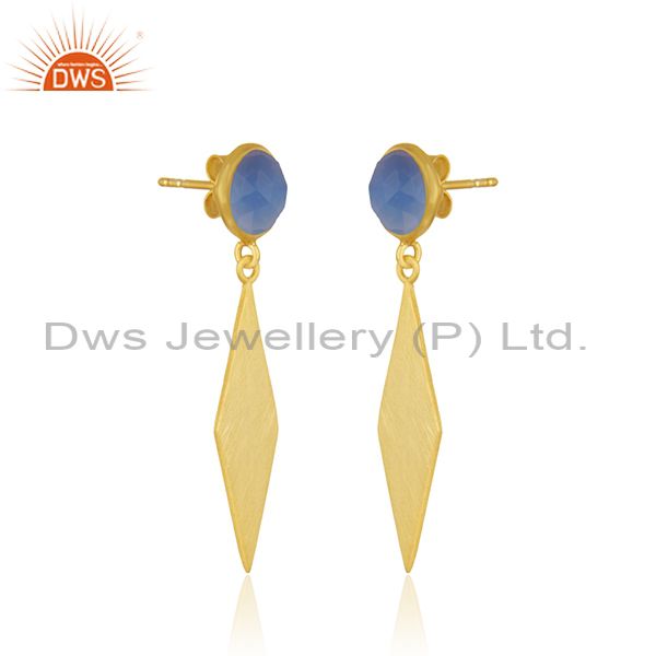 Exporter Blue Chalcedony Gemstone 925 Sterling Silver Gold Plated Earrings Manufacturer