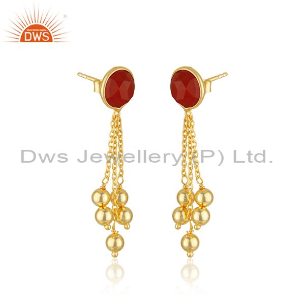 Exporter Yellow Gold Plated 925 Silver Red Onyx Gemstone Girls Earring Manufacturer