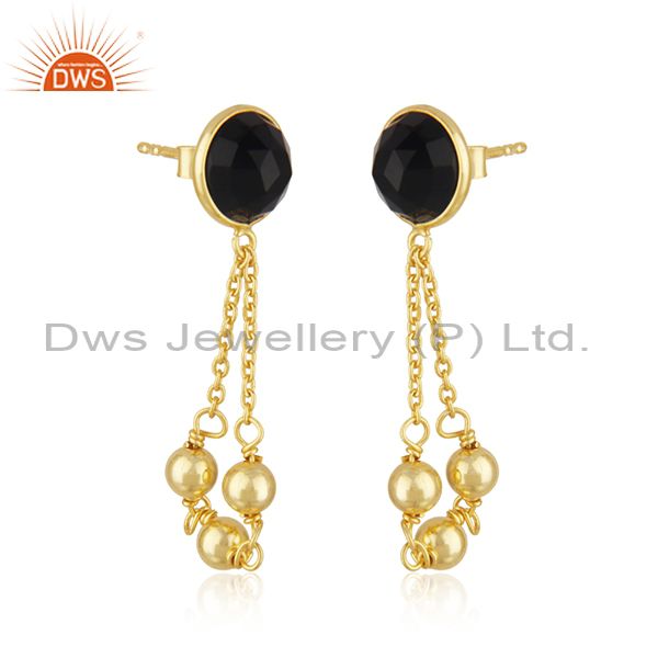 Exporter Black Onyx Gemstone 925 Silver Designer Gold Plated Earrings Jewelry