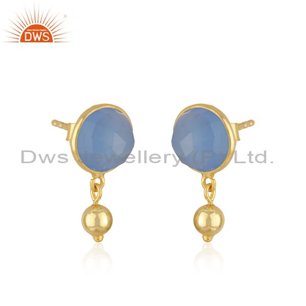 Exporter 18k Gold Plated Silver Designer Blue Chalcedony Gemstone Earrings Jewelry