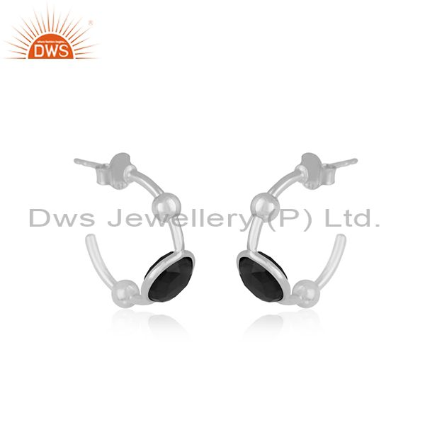 Exporter Fine Sterling Silver Black Onyx Gemstone Hoop Earrings for Girls Jewelry